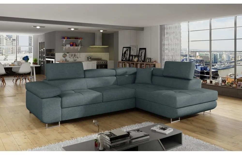 Divano angolare blu allungabile/con contenitore (con penisola a destra/a L) Anton – ELTAP