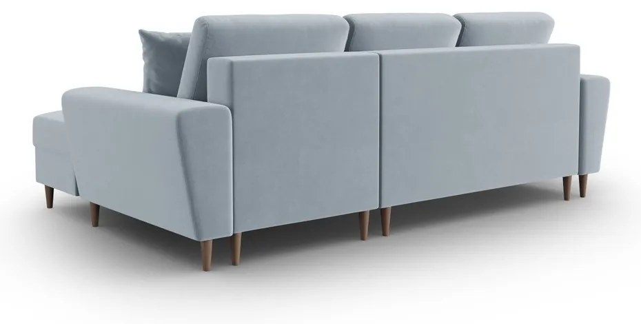 Divano angolare azzurro allungabile e con contenitore (con penisola a destra/con chaise lounge) con rivestimento in velluto Kyoto – Cosmopolitan Design