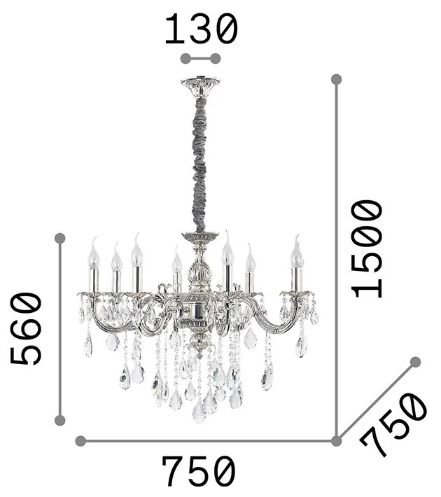 Lampadario Classico Impero Metallo-Cristallo Argento 8 Luci E14