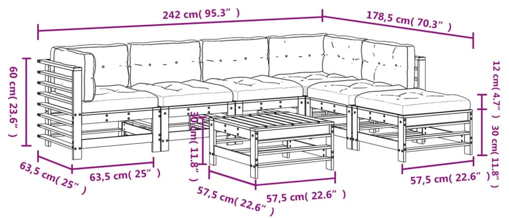 Set Divani Giardino 7 pz con Cuscini Legno Massello di Douglas