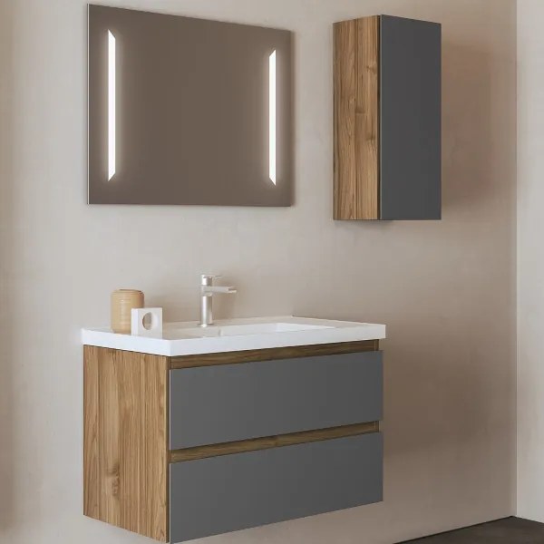 Bagno sospeso base 2 cassetti 82 cm con lavabo specchio LED GRACE4 Noce