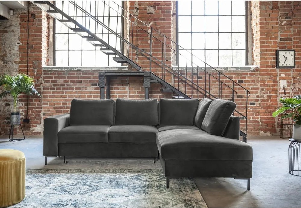 Divano letto angolare in velluto grigio scuro (angolo destro) Lofty Lilly - Miuform