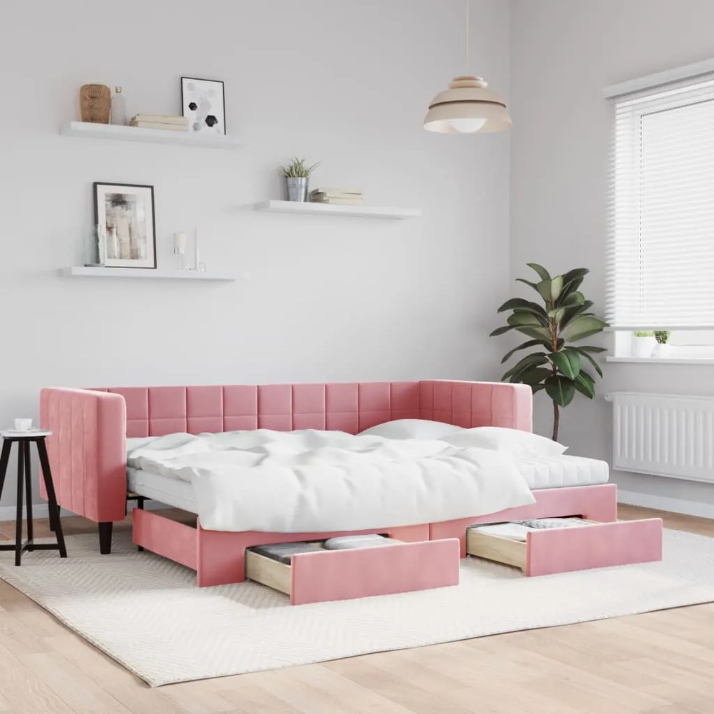 Divano Letto Estraibile Con Cassetti Rosa 80x200 Cm Velluto /