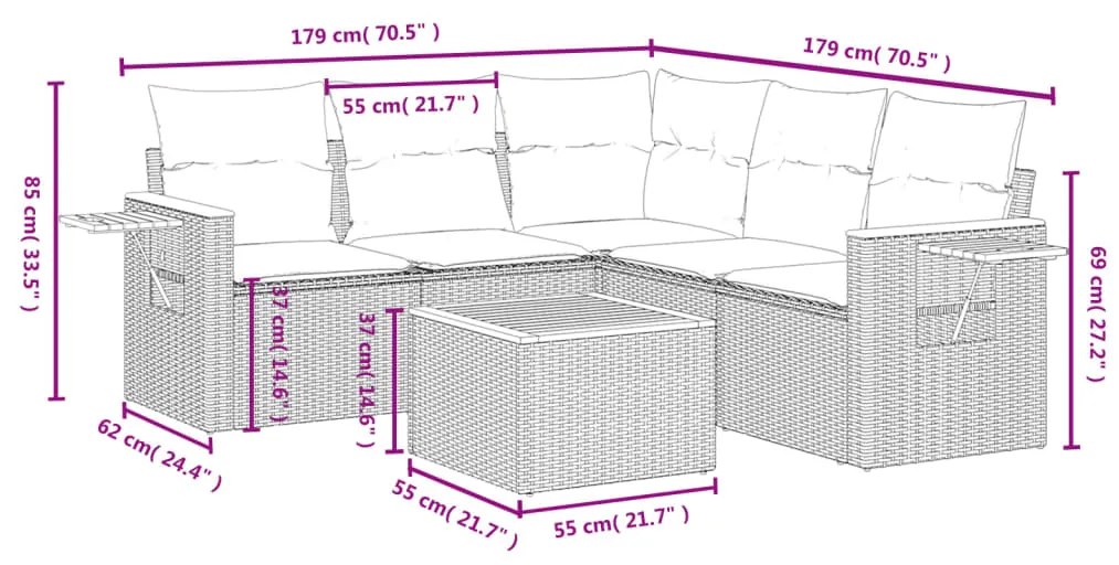 Set divano da giardino 6 pz con cuscini nero in polyrattan