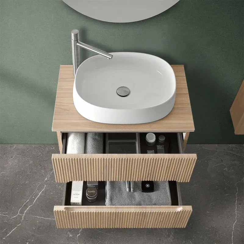 Mobile bagno sospeso cannettato 70 cm rovere chiaro con top e specchio Bali