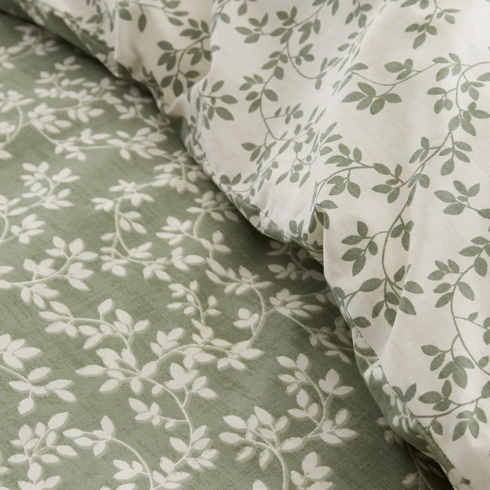 Set copripiumino e federa verde in percalle di cotone per letto singolo 135x200 cm Shadow Leaves – Bianca