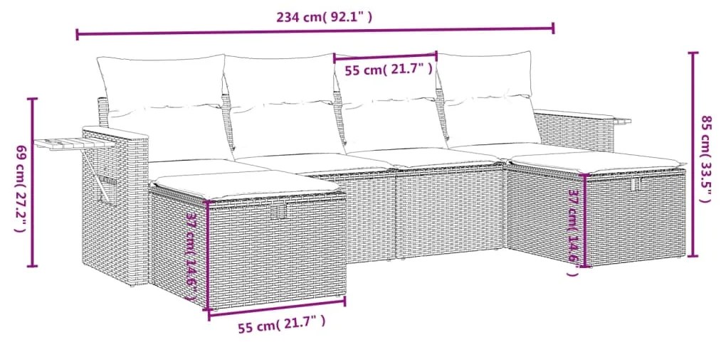 Set Divano da Giardino 6 pz con Cuscini Beige in Polyrattan