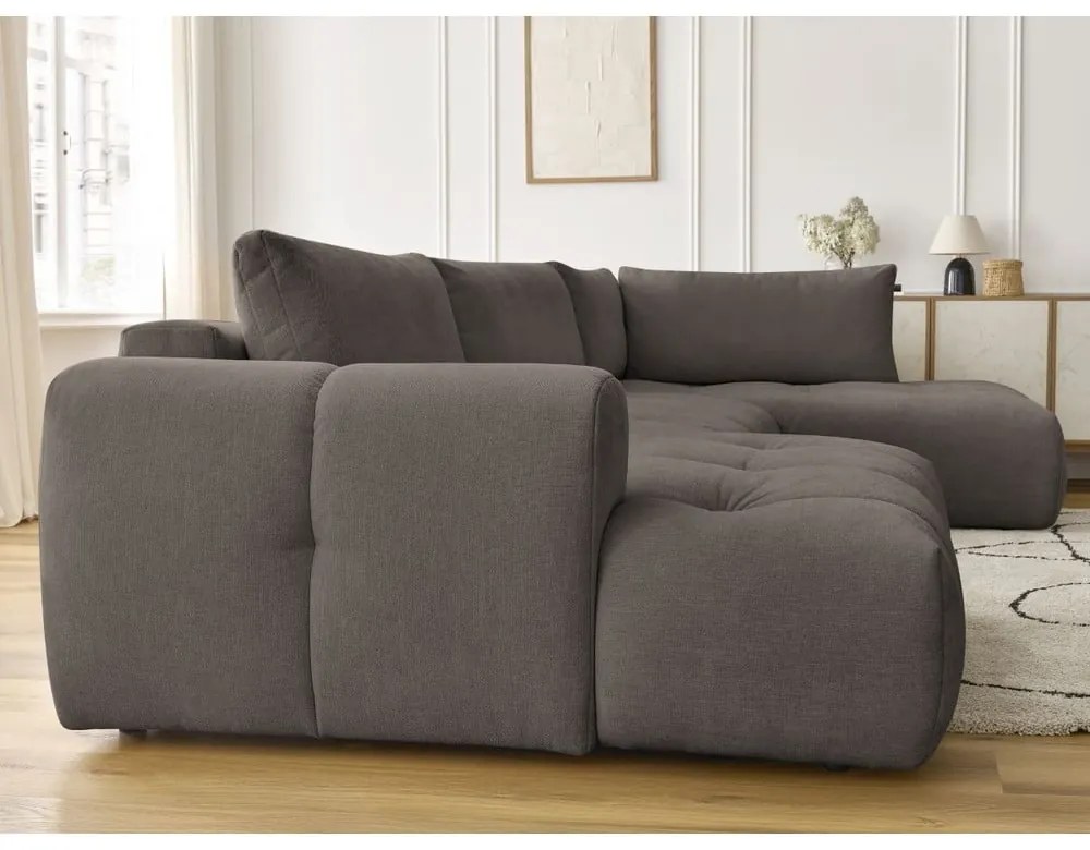 Divano angolare grigio tortora allungabile e con contenitore (penisola a destra/a U) con rivestimento in ciniglia Fuji – Bobochic Paris