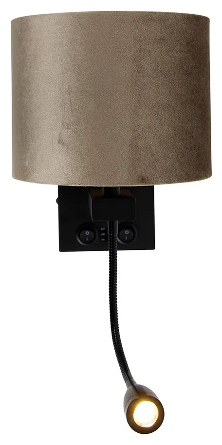 Lampada da parete nera con paralume in velluto taupe 18 cm - Brescia Combi