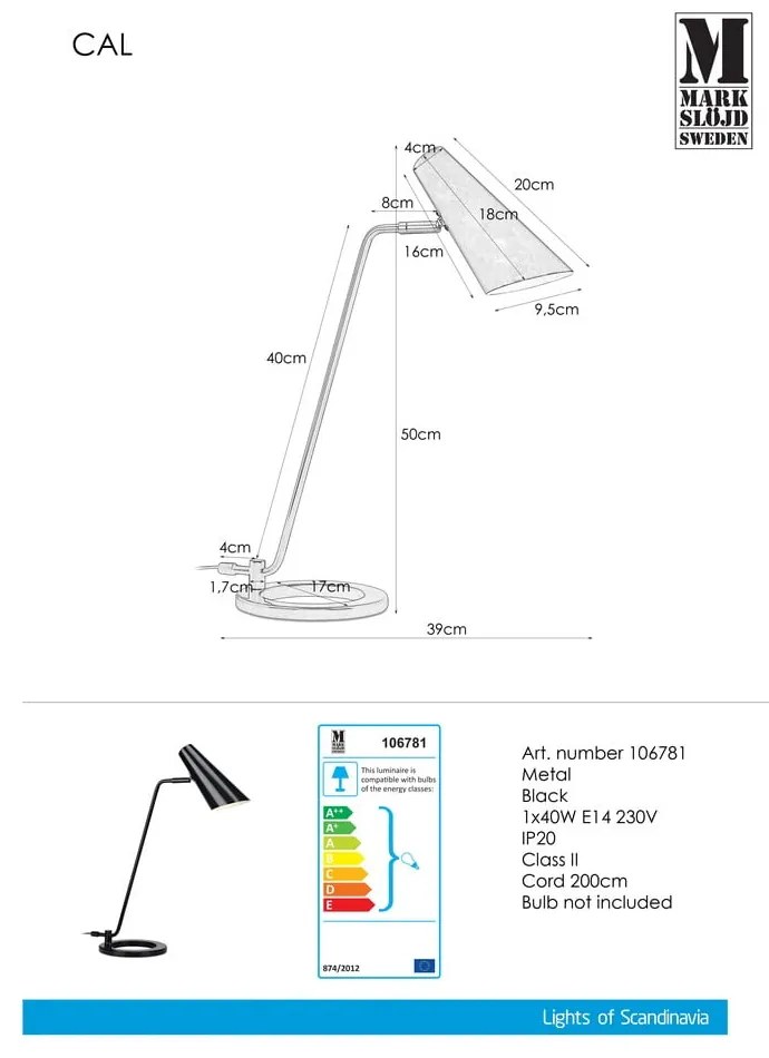 Lampada da tavolo nera Cal - Markslöjd