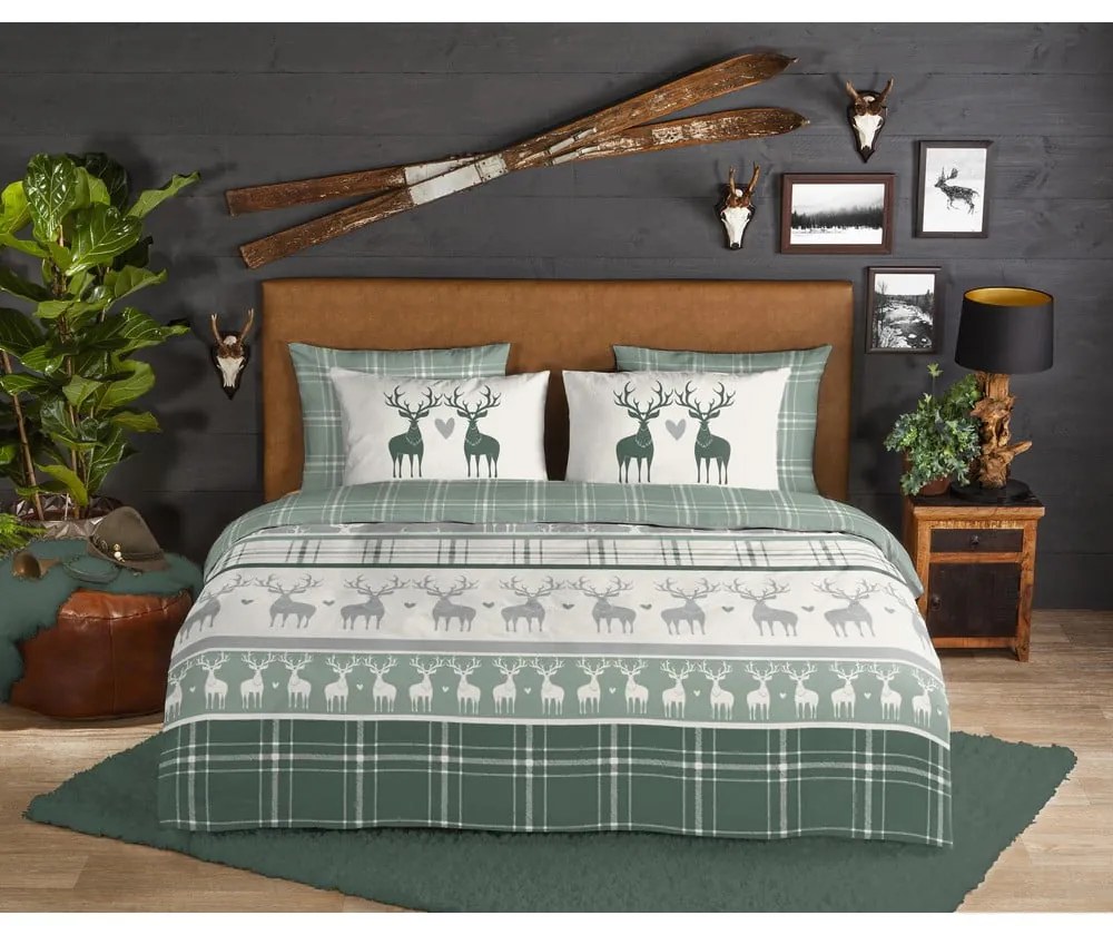 Set lenzuola letto matrimoniale in flanella verde-crema 200x220 cm Bjirk - Good Morning