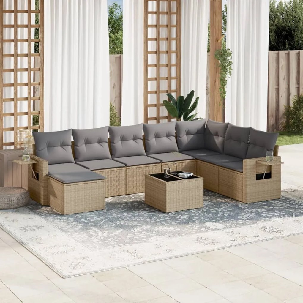 Set divano da giardino 9 pz con cuscini beige in polyrattan