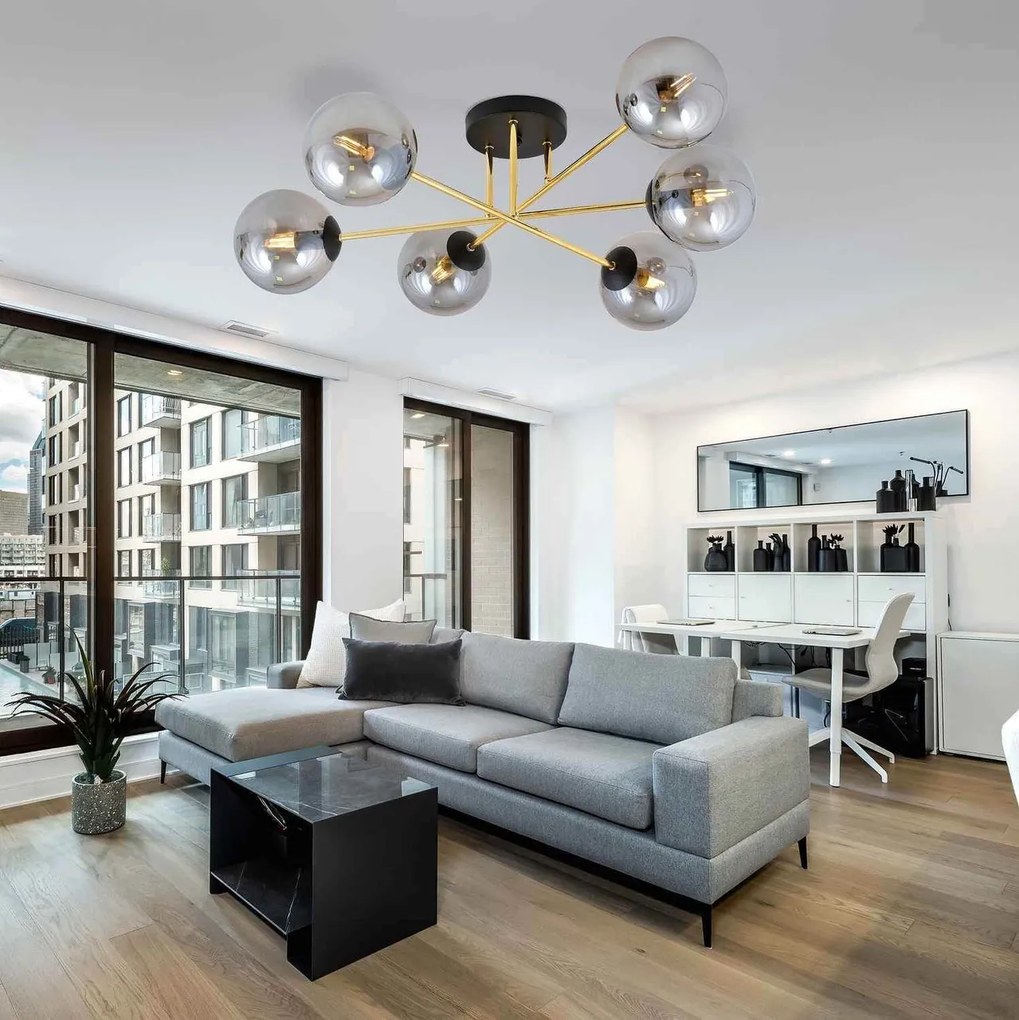 Lampadario Magnum Nero e Oro con 6 Sfere Grafite E14 da soffitto