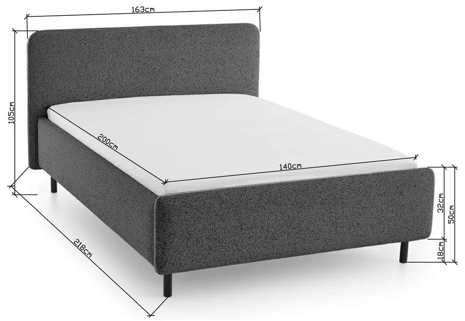 Letto matrimoniale imbottito grigio chiaro con contenitore con rete inclusa 140x200 cm Primo – Meise Möbel