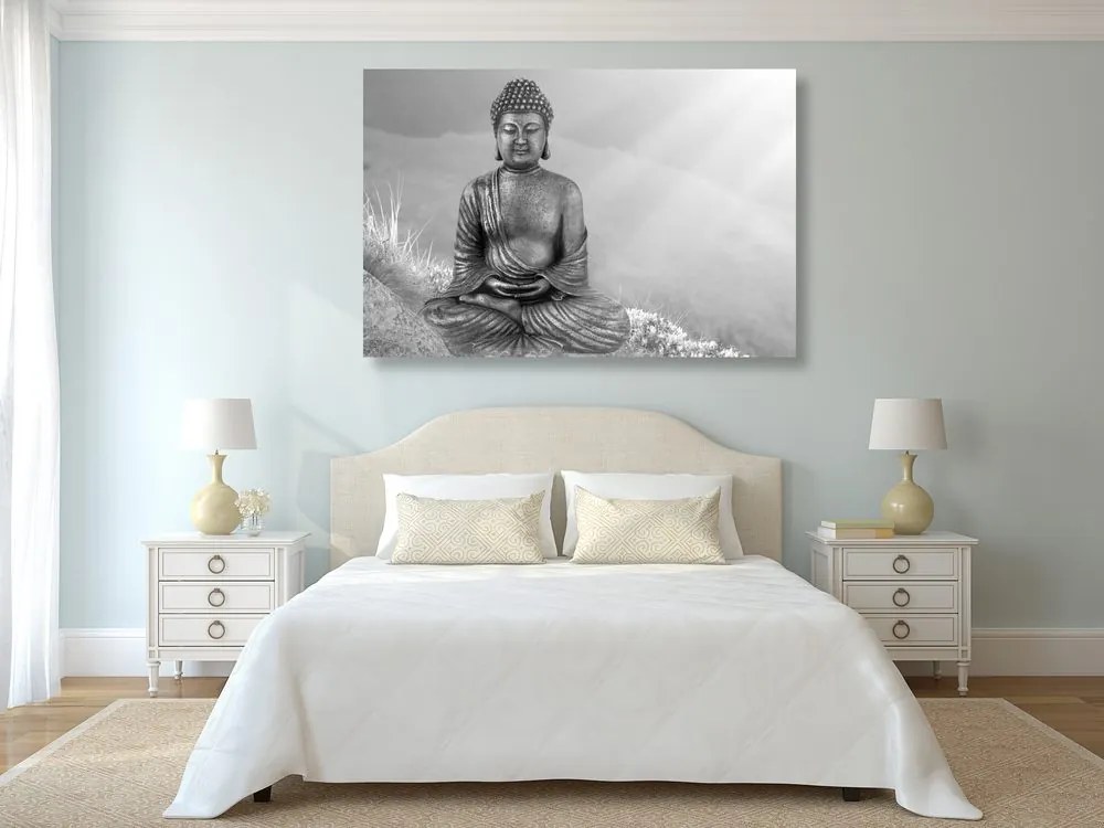 Stampa su tela – Statua del Buddha in posizione meditativa in bianco e nero