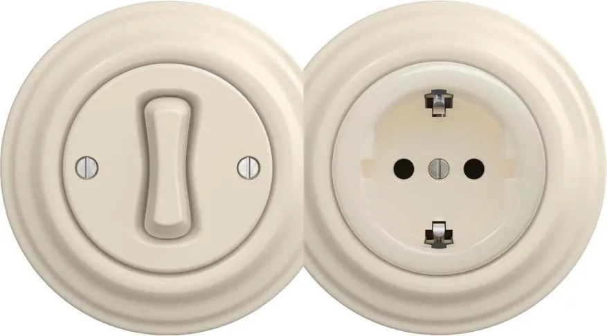 Kliklap - Interruttore unipolare retrò n. 1 e presa SCHUKO 230V con cornice beige