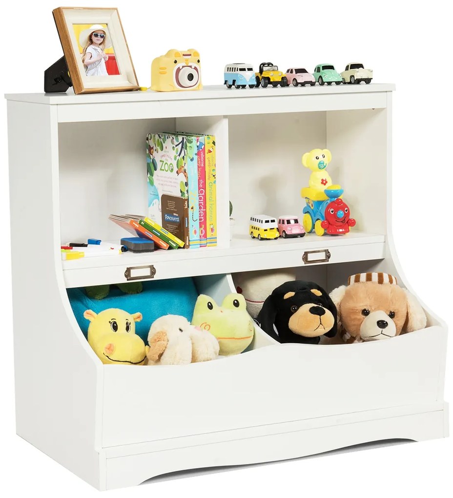 Costway Organizer giocattoli con 2 scompartimenti aperti e 2 contenitori, Libreria multiuso con pedana per bambini, Bianco