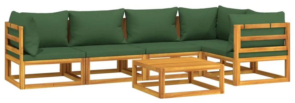 Set Salotto da Giardino 6pz con Cuscini Verdi in Legno Massello