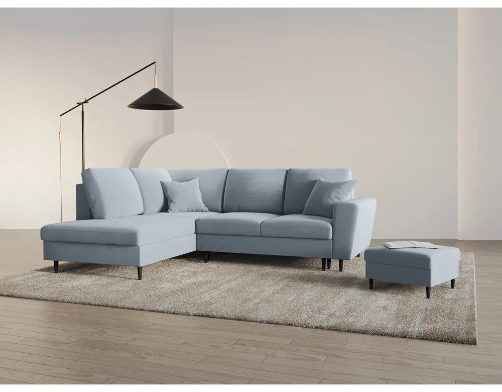 Divano angolare azzurro allungabile e con contenitore (con penisola a sinistra/a L) con rivestimento in velluto Kyoto – Cosmopolitan Design