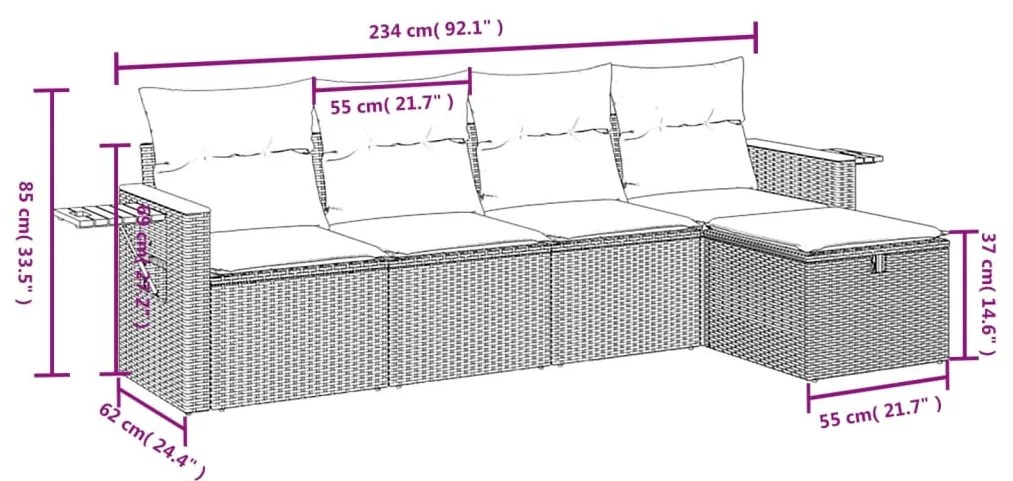 Set divani da giardino 5 pz con cuscini in polyrattan nero