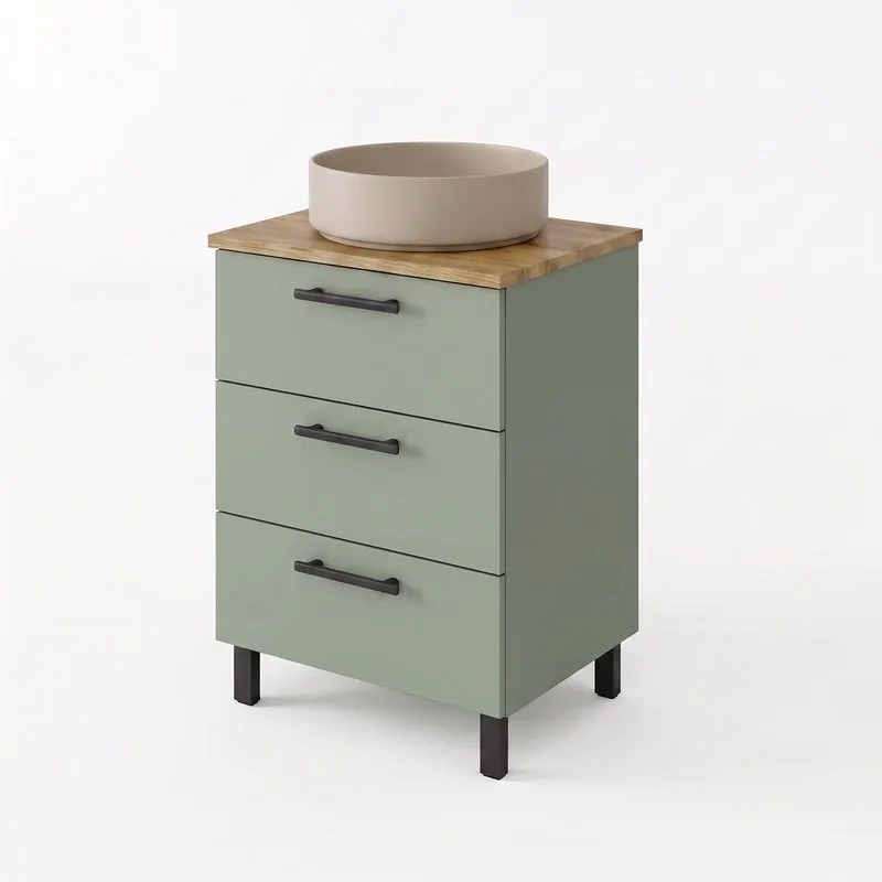 Base Remix 3 cassetti, L60 X P45 X H57.7 cm verde mela, con piedini con lavabo da appoggio Studio SENSEA tondo in ceramica beige satinato piletta inclusa