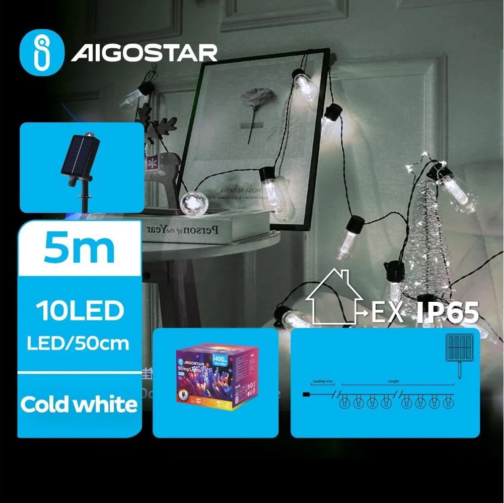 Aigostar - Catena solare a LED 10xLED/8 funzioni 6,5m IP65 bianco freddo