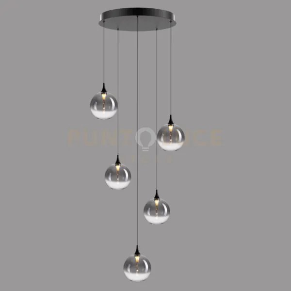 Lampada a sospensione bolla, metallo nero opaco + 5 vetri fumé, led...