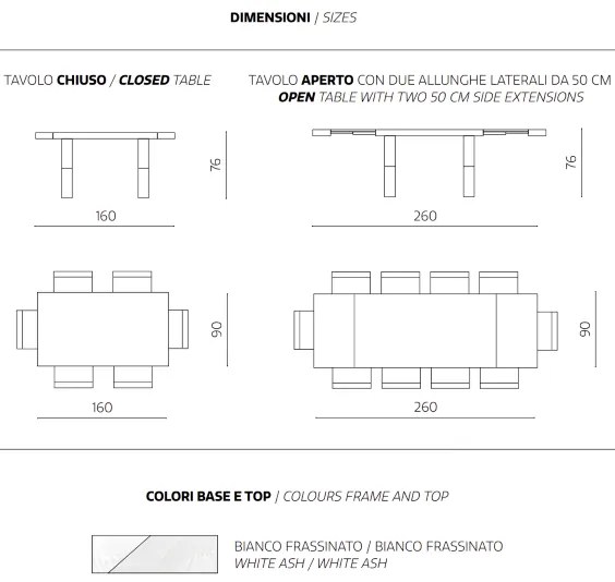 Tavolo allungabile a 260 cm con struttura in laminato PARIDE BIANCO FRASSINO