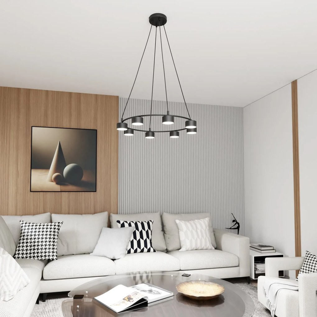 Lampadario Moderno 8 Luci Starlit In Acciaio Nero Ad Anello E Cilindri