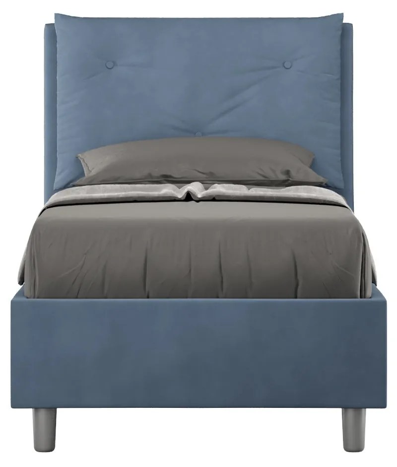 Letto singolo imbottito 80x210 microfibra Appia senza rete, con rete e contenitore, Blu / Contenitore