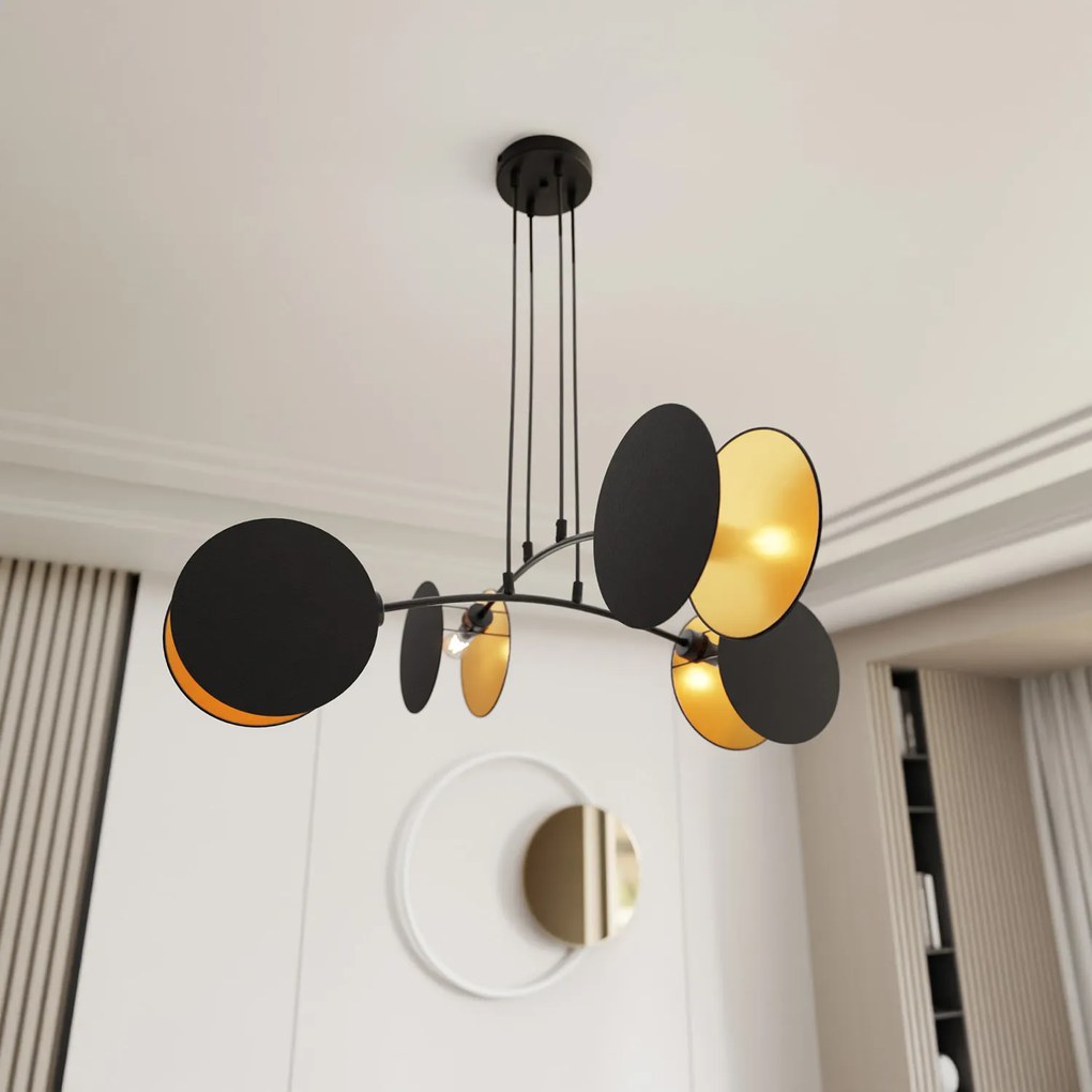 Lampada A Sospensione 4 Luci Moderna Nut In Acciaio Nero E Oro