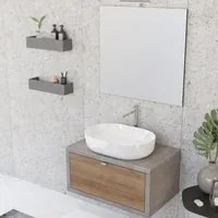 Composizione bagno sospesa Nyumba grigio caldo con cassetto in rovere 80x40 compresa di lavabo, specchio e lampada LED