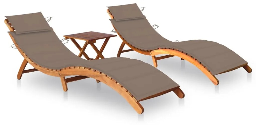 Lettini prendisole 2 pz con tavolo e cuscini in legno d'acacia