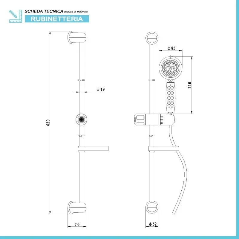 Saliscendi doccia cromato con doccetta multifunzione 8 getti e portasapone in ABS
