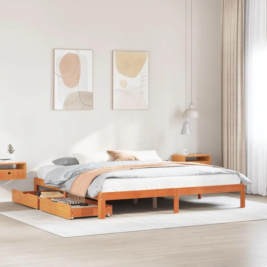 Giroletto Con Cassetti Marrone Cera 180x200 Legno Massello Pino /