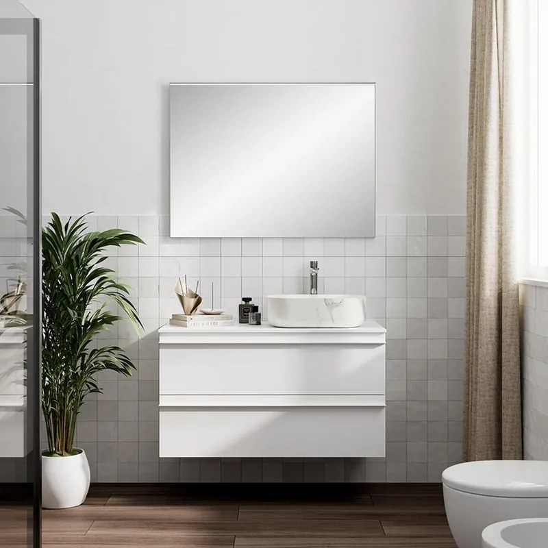 Mobile Linea L100 H55 P45 laccato bianco opaco 2 cassetti a chiusura ammortizzata e top per lavabo in appoggio
