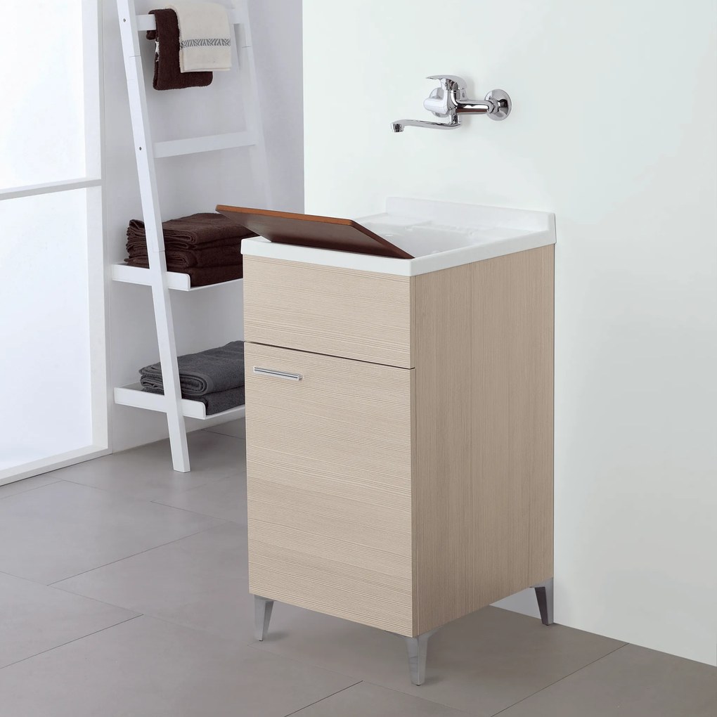 Lavatoio a Terra 45x50 Cm Un'Anta Con Vasca Sifone e Tavoletta In Legno Feridras "Stella" Larice