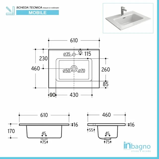 Mobile bagno a terra 60 cm bianco lucido con 3 cassettoni lavabo e specchio Saxsi