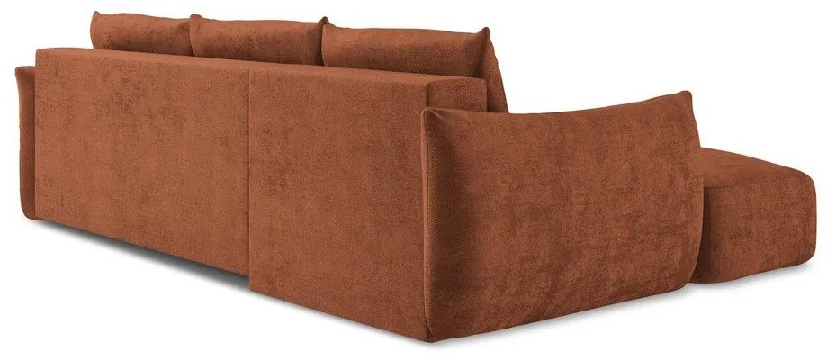 Divano angolare color terracotta allungabile (con penisola a sinistra/con chaise lounge) con rivestimento in ciniglia Leila – Makamii