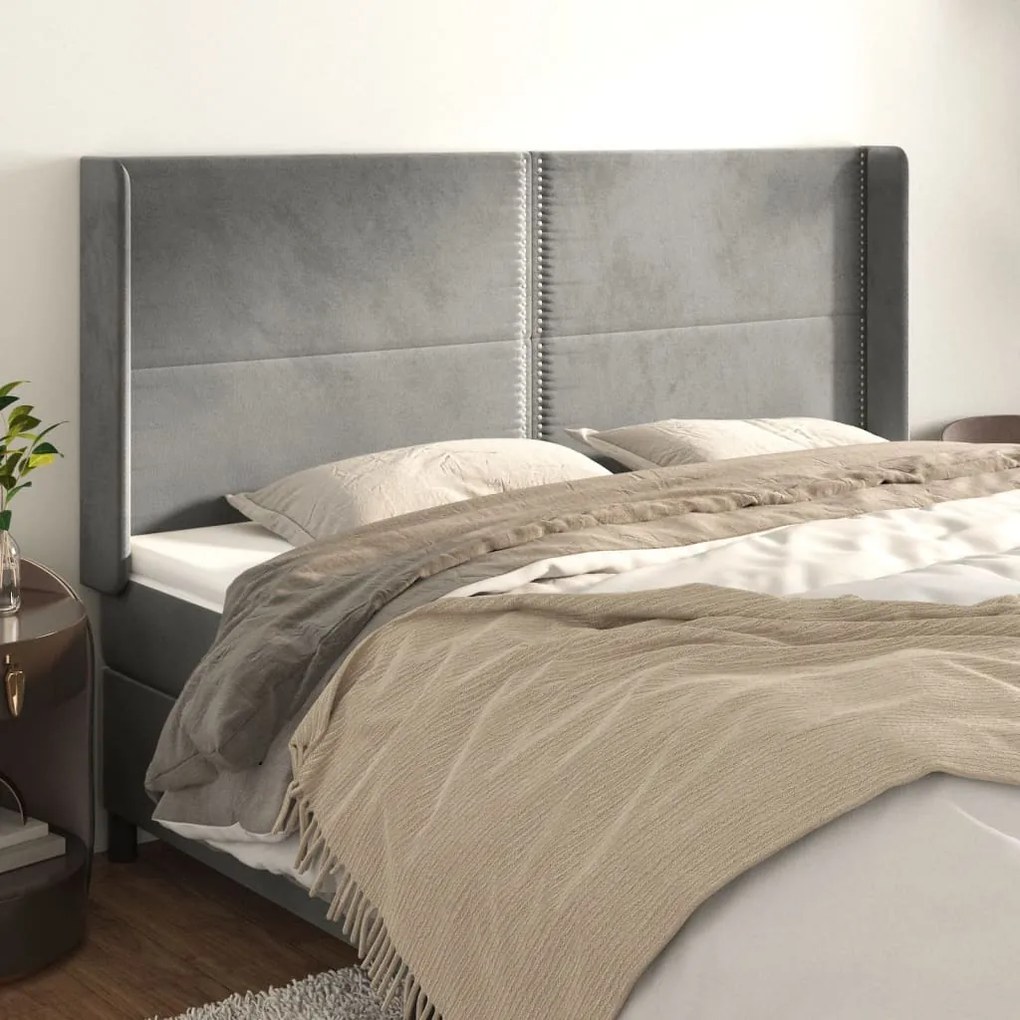 Testiera Ad Orecchio Grigio Chiaro 183x16x118/128 Cm İn Velluto /