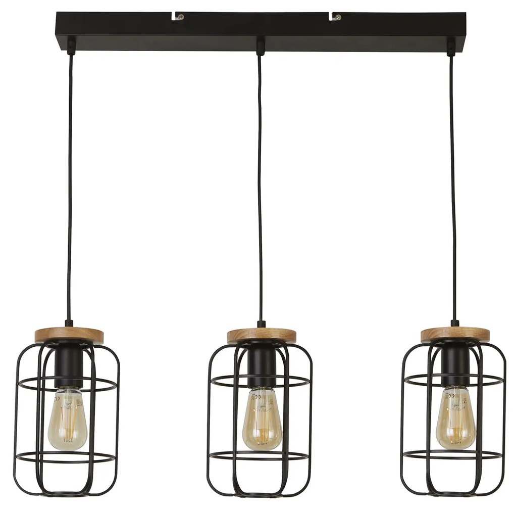 Lampadario Industrial-Nordico Visione Acciaio Nero Marrone 3 Luci E27