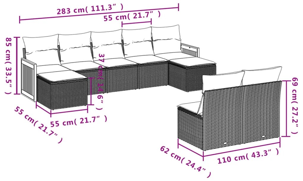 Set Divano da Giardino 9 pz con Cuscini Grigio in Polyrattan