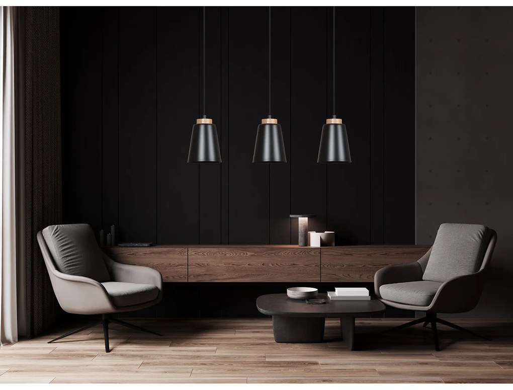 Sospensione 1 Luce Lancillotto A Cono In Acciaio Nero E Legno Naturale