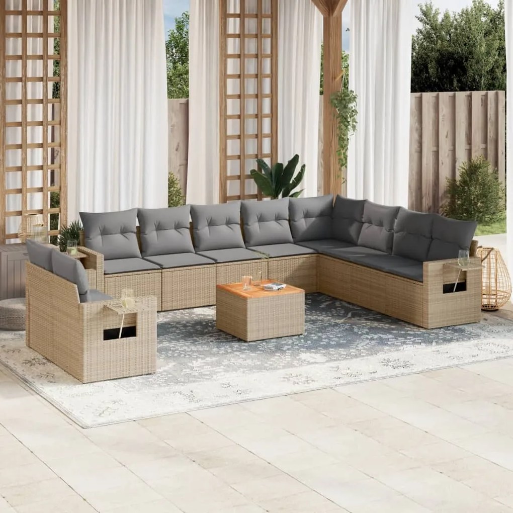 Set divano da giardino 11 pz con cuscini beige misto polyrattan