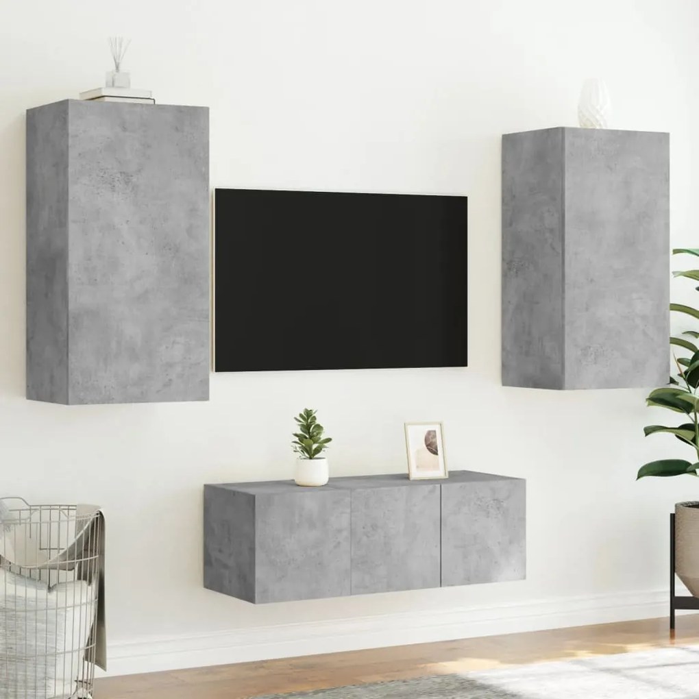 Mobili tv a muro con led 4pz grigio cemento legno multistrato