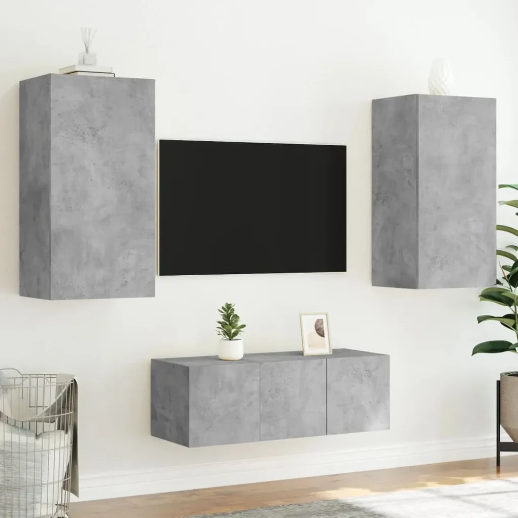Mobili tv a muro con led 4pz grigio cemento legno multistrato