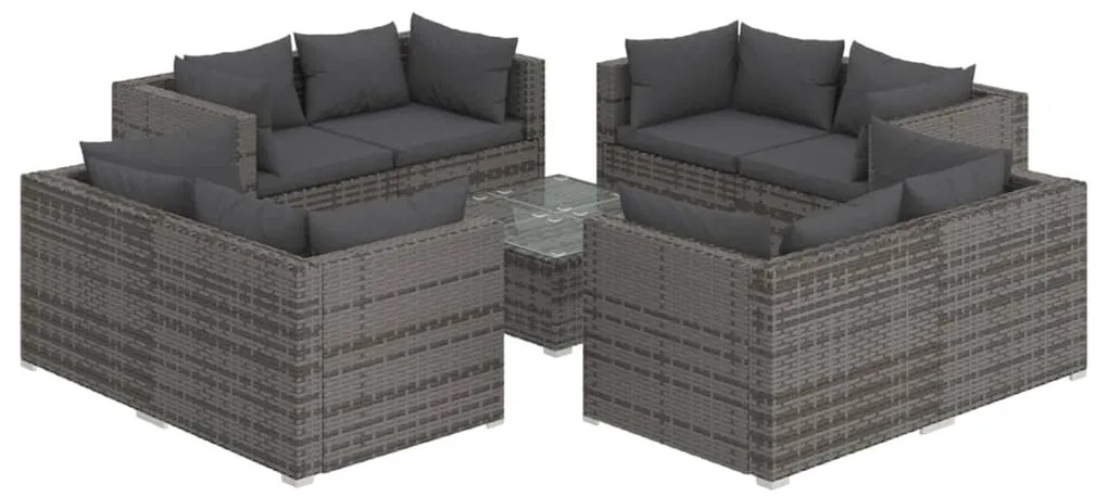 Set divani da giardino 9 pz con cuscini in polyrattan grigio