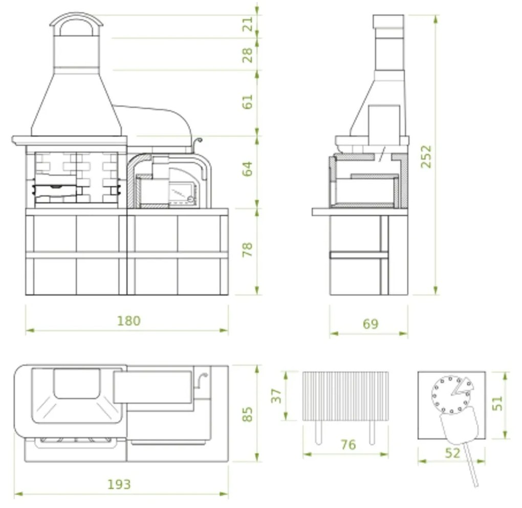 Palazzetti Malibù 2 barbecue a legna con forno pizza a destra e Piano in Marmotech effetto granito rosso