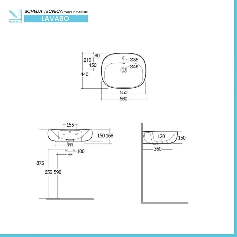 Lavabo ovale 55 cm d'appoggio bianco in ceramica Rak Illusion