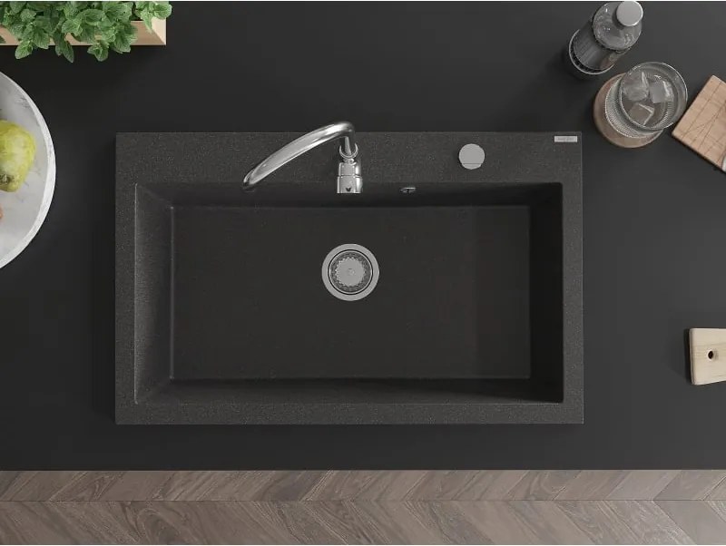 Mexen Elix lavello da cucina in granito, 1 vasca, 800 x 500 mm, nero maculato, sifone cromato - 6527801005-76